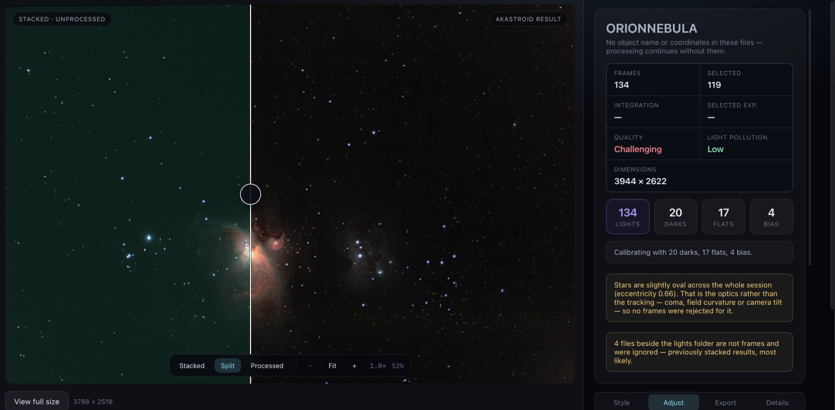 Akastroid stacking the Orion Nebula: the raw integration on the left, the finished image on the right, with 134 lights calibrated by 20 darks, 17 flats and 4 bias frames